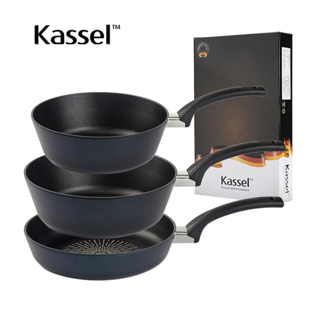 [Kassel] [카셀] 블루 라이트 인덕션 프라이팬 3종 C세트 (프라이팬28cm+ 궁중팬 28cm+ 궁중팬 24cm)